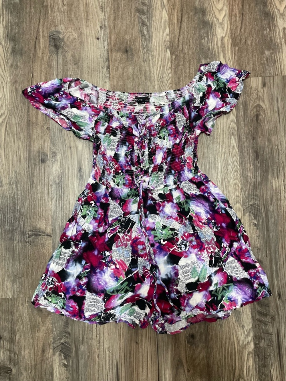 Girls Floral Off-Shoulder Romper Dress in Magenta Purplew